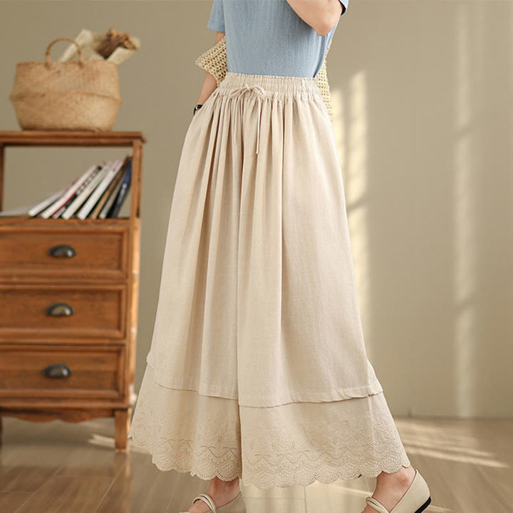 Buddha Stones Spring Embroidery Lace Hem Patchwork Drawstring Design Women's Wide Leg Cotton Pants With Pockets - image 2