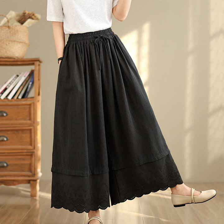 Buddha Stones Spring Embroidery Lace Hem Patchwork Drawstring Design Women's Wide Leg Cotton Pants With Pockets - Black - US8-10，UK/AU12-14，EU40-42 (2XL) - image 10
