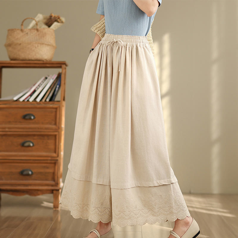 Buddha Stones Spring Embroidery Lace Hem Patchwork Drawstring Design Women's Wide Leg Cotton Pants With Pockets - image 1