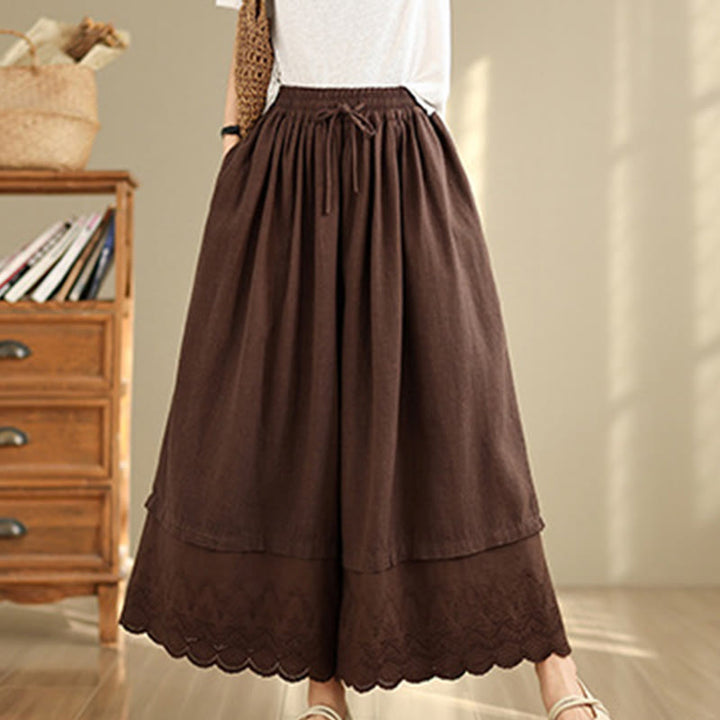 Buddha Stones Spring Embroidery Lace Hem Patchwork Drawstring Design Women's Wide Leg Cotton Pants With Pockets - image 15