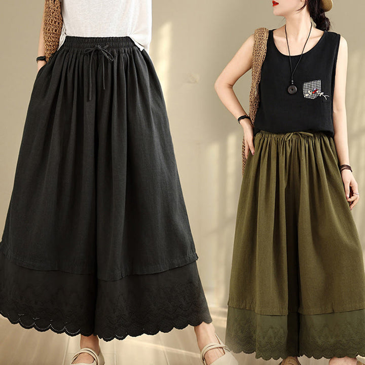 Buddha Stones Spring Embroidery Lace Hem Patchwork Drawstring Design Women's Wide Leg Cotton Pants With Pockets - image 26
