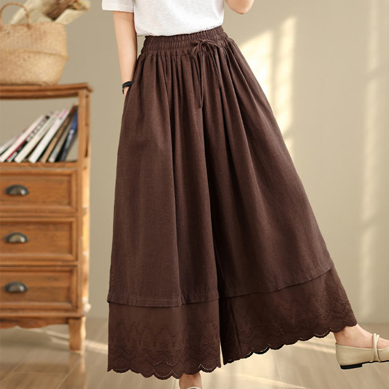 Buddha Stones Spring Embroidery Lace Hem Patchwork Drawstring Design Women's Wide Leg Cotton Pants With Pockets - image 16
