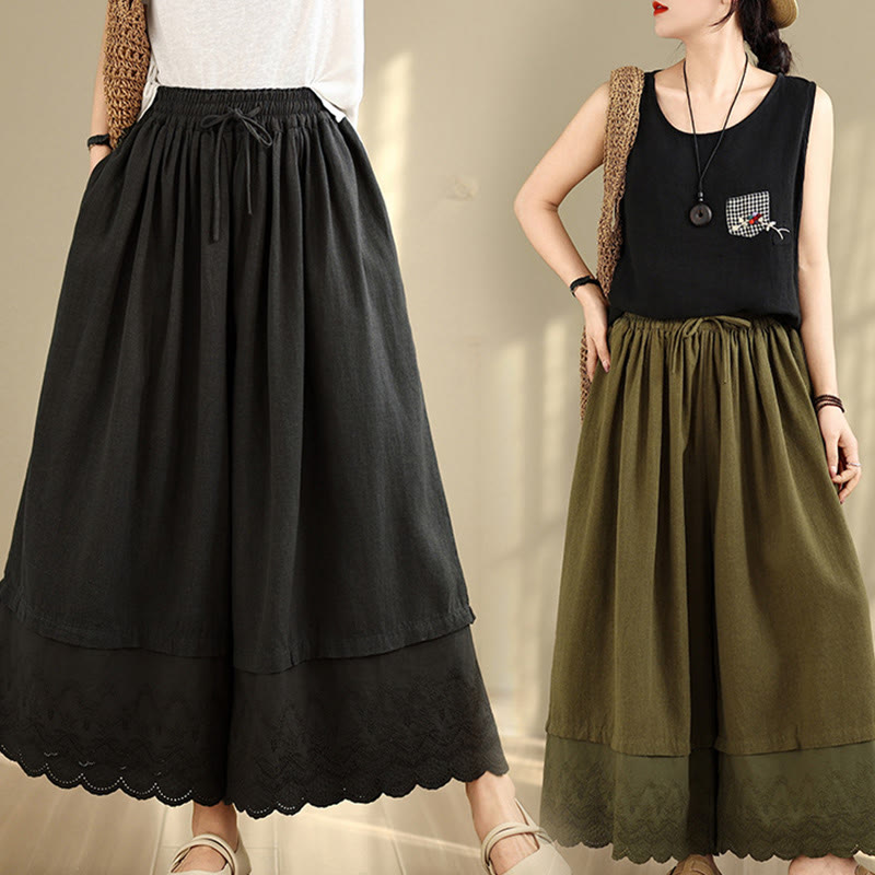 Buddha Stones Spring Embroidery Lace Hem Patchwork Drawstring Design Women's Wide Leg Cotton Pants With Pockets - image 25