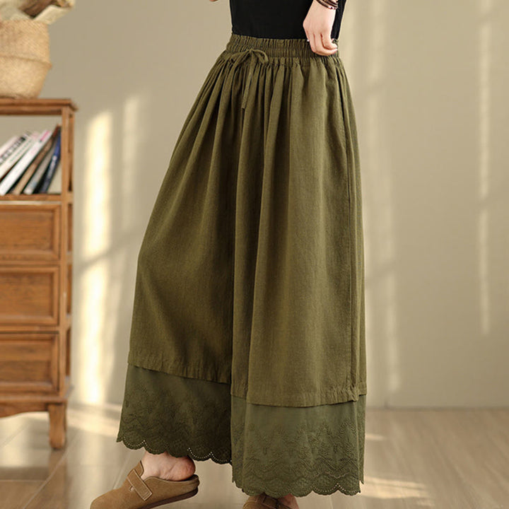 Buddha Stones Spring Embroidery Lace Hem Patchwork Drawstring Design Women's Wide Leg Cotton Pants With Pockets - image 23