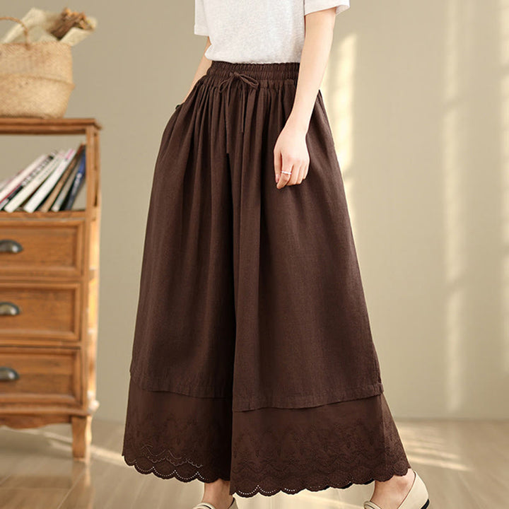 Buddha Stones Spring Embroidery Lace Hem Patchwork Drawstring Design Women's Wide Leg Cotton Pants With Pockets - SaddleBrown - US8-10，UK/AU12-14，EU40-42 (2XL) - image 13