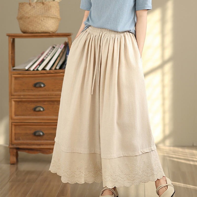 Buddha Stones Spring Embroidery Lace Hem Patchwork Drawstring Design Women's Wide Leg Cotton Pants With Pockets - image 4