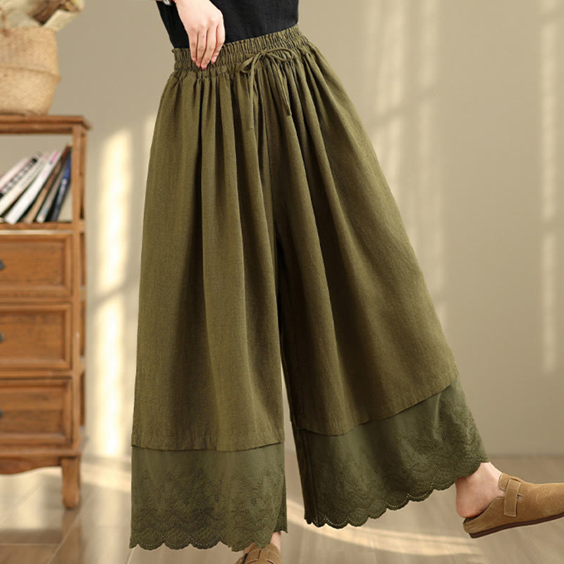 Buddha Stones Spring Embroidery Lace Hem Patchwork Drawstring Design Women's Wide Leg Cotton Pants With Pockets - image 22