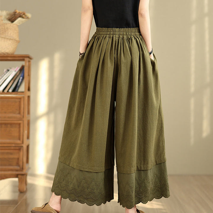 Buddha Stones Spring Embroidery Lace Hem Patchwork Drawstring Design Women's Wide Leg Cotton Pants With Pockets - image 20