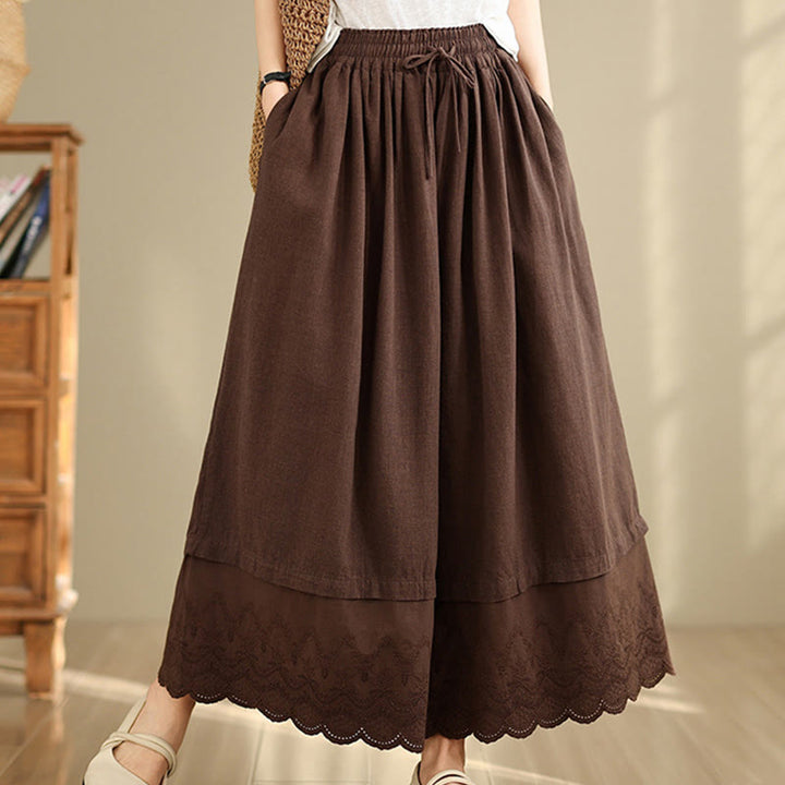 Buddha Stones Spring Embroidery Lace Hem Patchwork Drawstring Design Women's Wide Leg Cotton Pants With Pockets - image 14