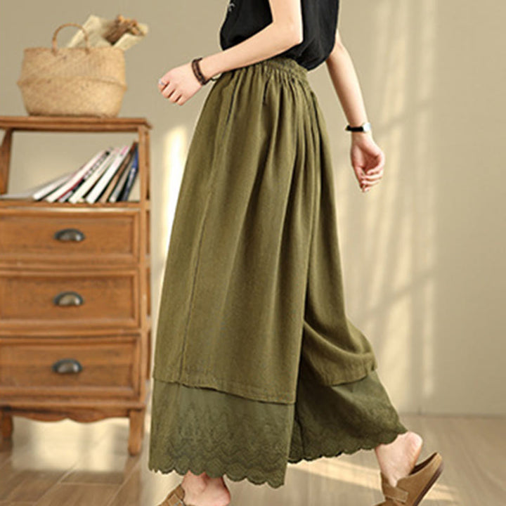 Buddha Stones Spring Embroidery Lace Hem Patchwork Drawstring Design Women's Wide Leg Cotton Pants With Pockets - image 20