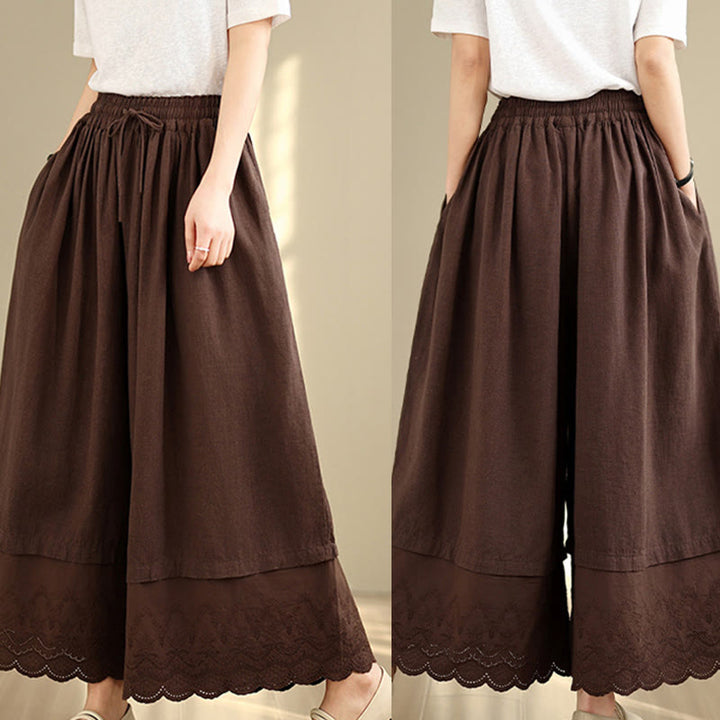 Buddha Stones Spring Embroidery Lace Hem Patchwork Drawstring Design Women's Wide Leg Cotton Pants With Pockets - image 18