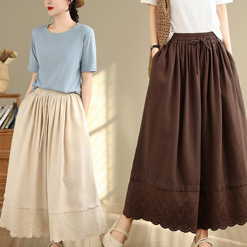 Buddha Stones Spring Embroidery Lace Hem Patchwork Drawstring Design Women's Wide Leg Cotton Pants With Pockets - image 27