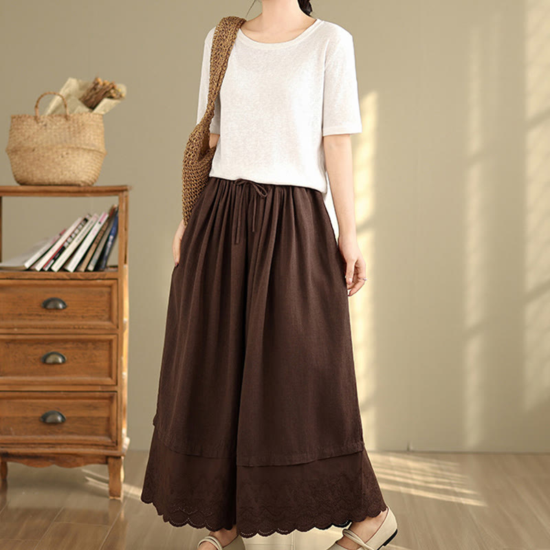 Buddha Stones Spring Embroidery Lace Hem Patchwork Drawstring Design Women's Wide Leg Cotton Pants With Pockets - image 17