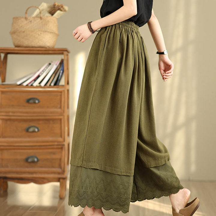 Buddha Stones Spring Embroidery Lace Hem Patchwork Drawstring Design Women's Wide Leg Cotton Pants With Pockets - image 24