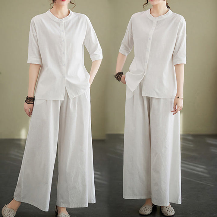 Buddha Stones 2Pcs Casual Solid Color Button Design Half Sleeve Shirt Wide Leg Pants With Pockets Cotton Zen Clothing Women's Set - image 7