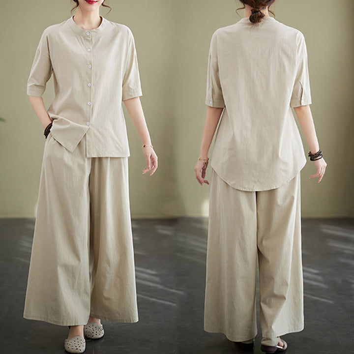 Buddha Stones 2Pcs Casual Solid Color Button Design Half Sleeve Shirt Wide Leg Pants With Pockets Cotton Zen Clothing Women's Set - image 29