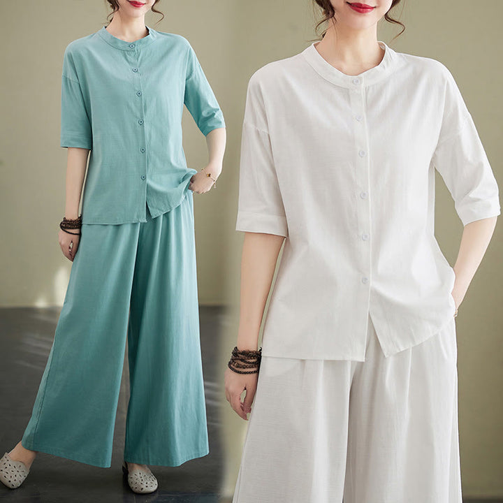 Buddha Stones 2Pcs Casual Solid Color Button Design Half Sleeve Shirt Wide Leg Pants With Pockets Cotton Zen Clothing Women's Set - image 15