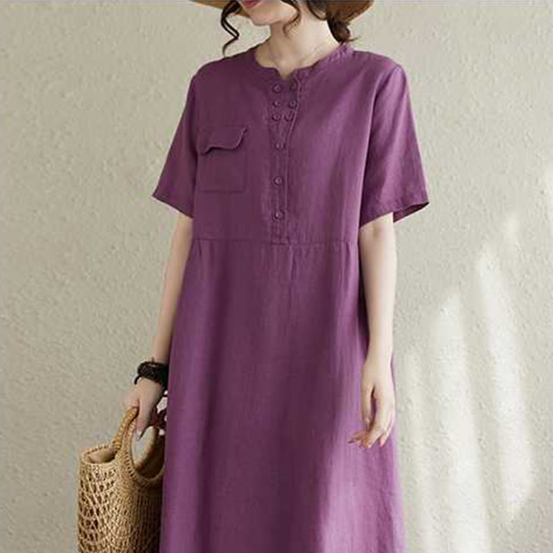Buddha Stones Summer Plain Stand Collar Buttons Design Linen Midi Dress With Pockets - image 4