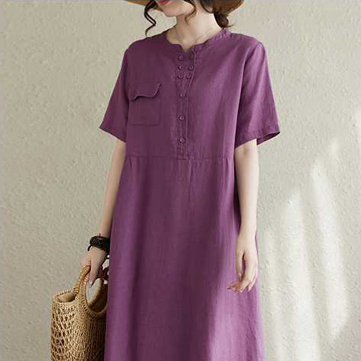Buddha Stones Summer Plain Stand Collar Buttons Design Linen Midi Dress With Pockets - image 4