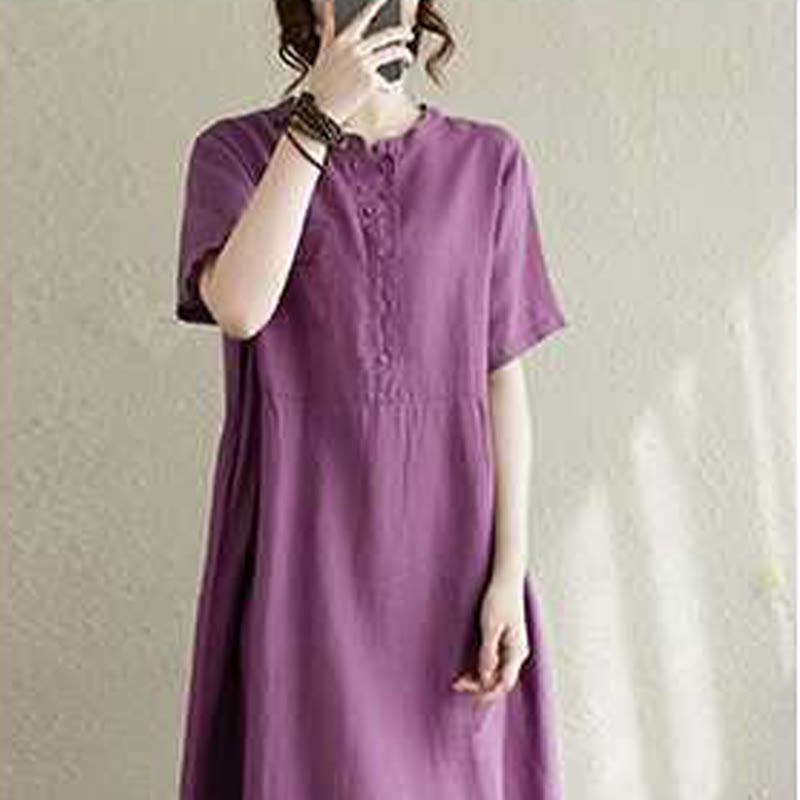 Buddha Stones Summer Plain Stand Collar Buttons Design Linen Midi Dress With Pockets - image 5