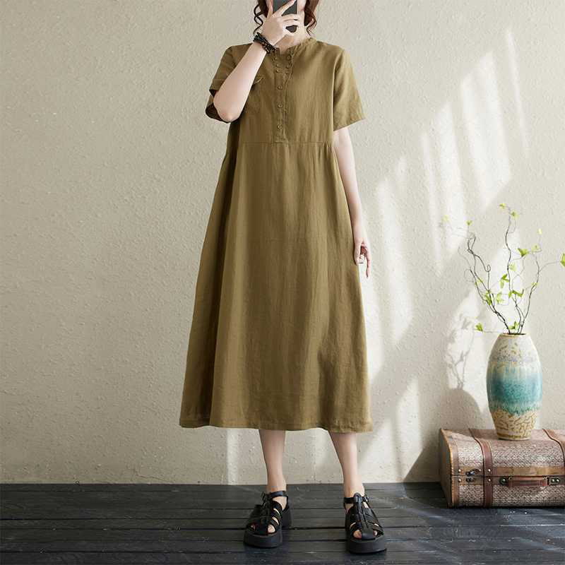 Buddha Stones Summer Plain Stand Collar Buttons Design Linen Midi Dress With Pockets - OliveDrab - US8-10，UK/AU12-14，EU40-42 (2XL) - image 7