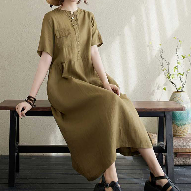 Buddha Stones Summer Plain Stand Collar Buttons Design Linen Midi Dress With Pockets - image 10