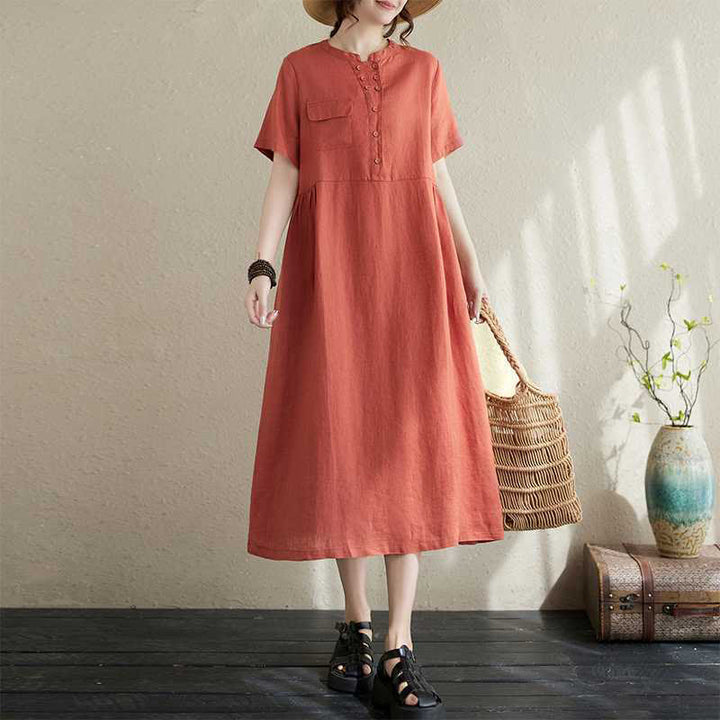 Buddha Stones Summer Plain Stand Collar Buttons Design Linen Midi Dress With Pockets - Tomato - US8-10，UK/AU12-14，EU40-42 (2XL) - image 11