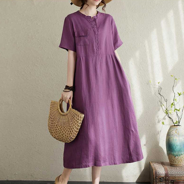 Buddha Stones Stand Collar Buttons Design Linen Short Sleeve Midi Dress With Pockets - DarkOrchid - US8-10，UK/AU12-14，EU40-42 (2XL) - image 1
