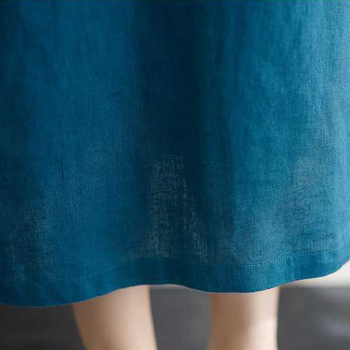 Buddha Stones Stand Collar Buttons Design Linen Short Sleeve Midi Dress With Pockets - image 25