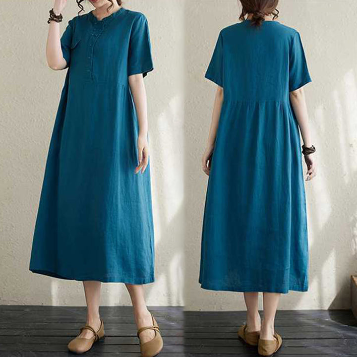 Buddha Stones Summer Plain Stand Collar Buttons Design Linen Midi Dress With Pockets - image 26