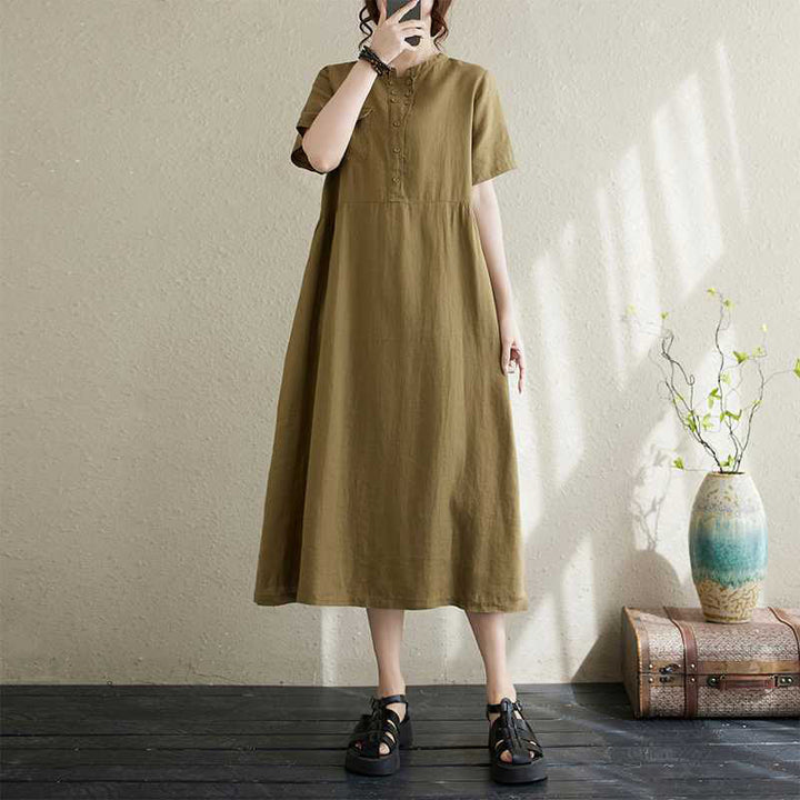 Buddha Stones Stand Collar Buttons Design Linen Short Sleeve Midi Dress With Pockets - OliveDrab - US8-10，UK/AU12-14，EU40-42 (2XL) - image 7