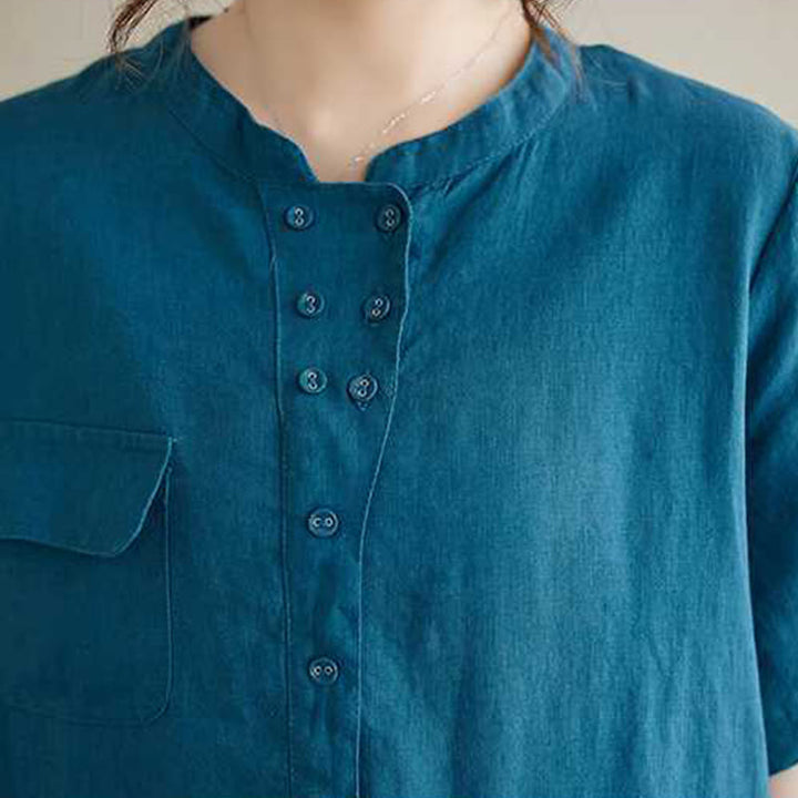 Buddha Stones Summer Plain Stand Collar Buttons Design Linen Midi Dress With Pockets - image 20