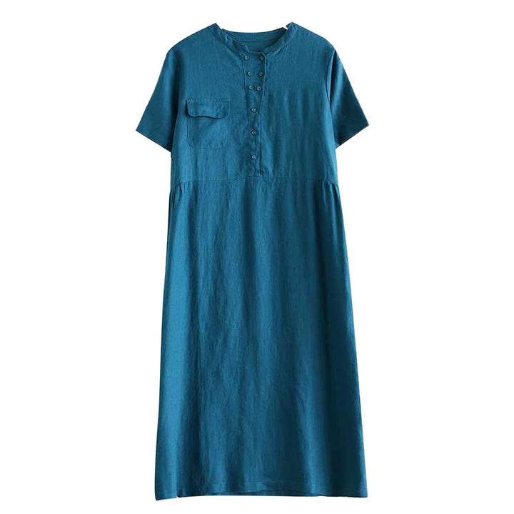 Buddha Stones Stand Collar Buttons Design Linen Short Sleeve Midi Dress With Pockets - image 26