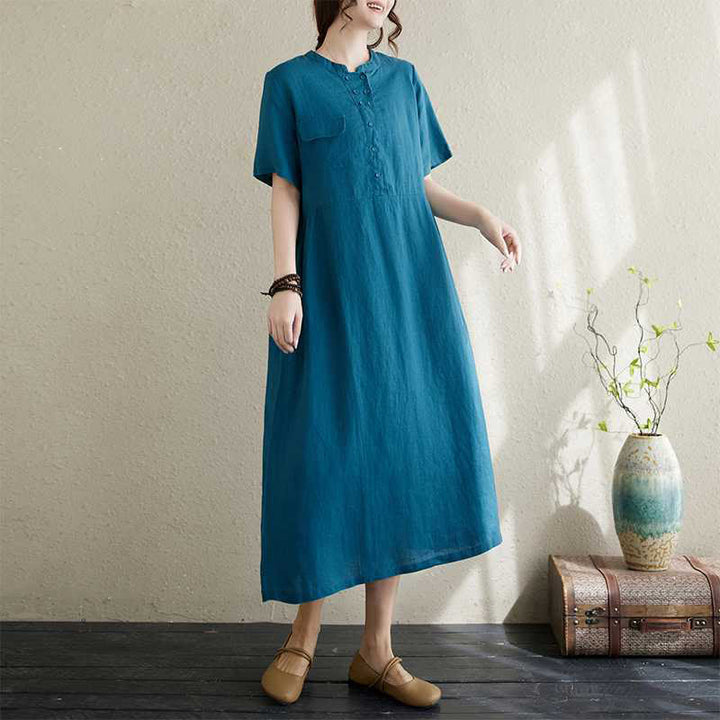 Buddha Stones Summer Plain Stand Collar Buttons Design Linen Midi Dress With Pockets - DodgerBlue - US8-10，UK/AU12-14，EU40-42 (2XL) - image 16