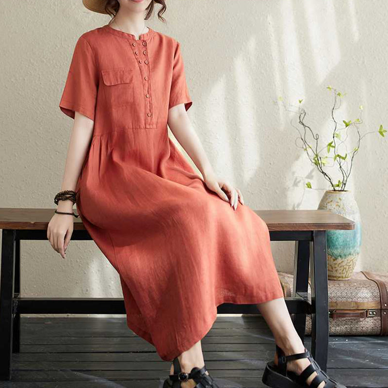 Buddha Stones Summer Plain Stand Collar Buttons Design Linen Midi Dress With Pockets - image 14