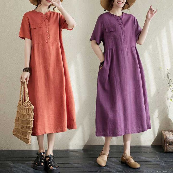 Buddha Stones Stand Collar Buttons Design Linen Short Sleeve Midi Dress With Pockets - image 6