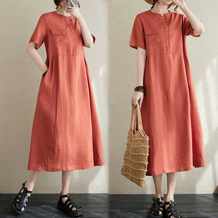 Buddha Stones Summer Plain Stand Collar Buttons Design Linen Midi Dress With Pockets - image 15