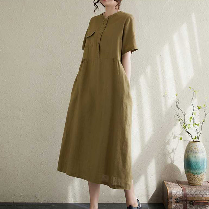 Buddha Stones Stand Collar Buttons Design Linen Short Sleeve Midi Dress With Pockets - image 9