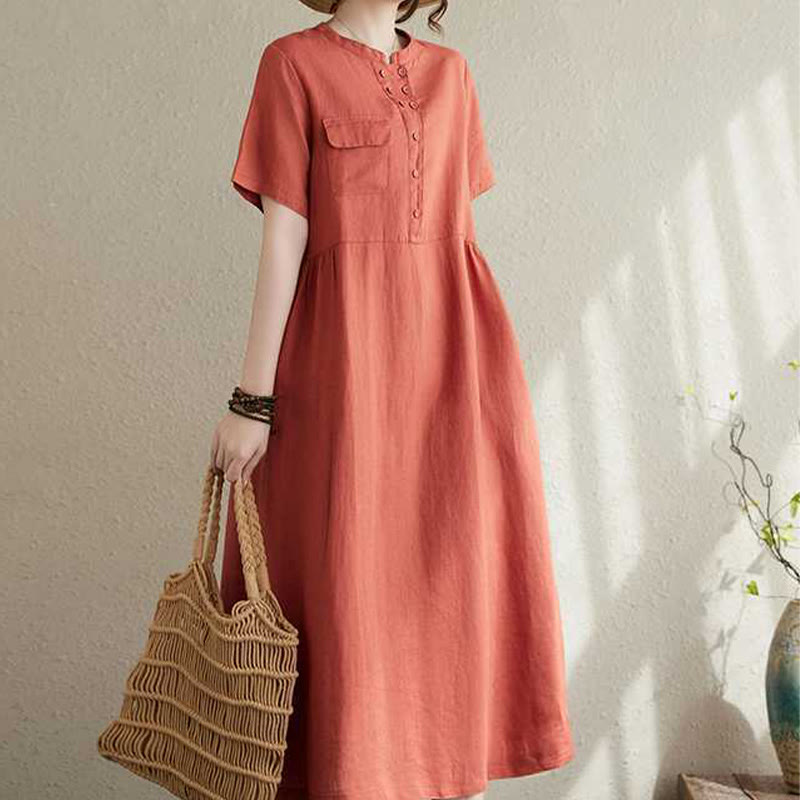 Buddha Stones Summer Plain Stand Collar Buttons Design Linen Midi Dress With Pockets - image 13