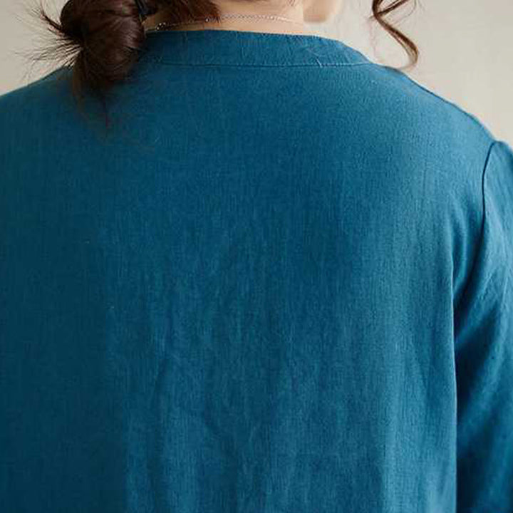 Buddha Stones Stand Collar Buttons Design Linen Short Sleeve Midi Dress With Pockets - image 20