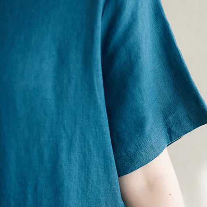 Buddha Stones Summer Plain Stand Collar Buttons Design Linen Midi Dress With Pockets - image 22