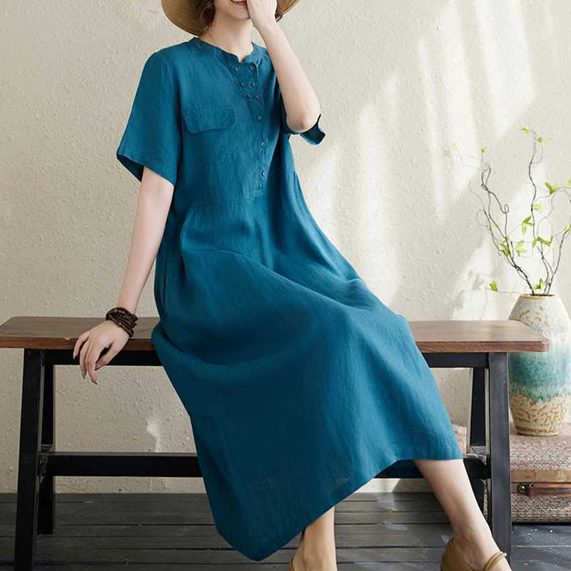 Buddha Stones Stand Collar Buttons Design Linen Short Sleeve Midi Dress With Pockets - image 18
