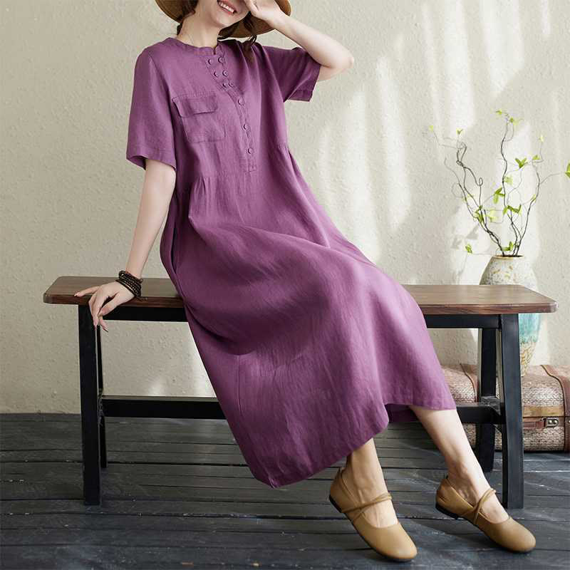 Buddha Stones Stand Collar Buttons Design Linen Short Sleeve Midi Dress With Pockets - image 2