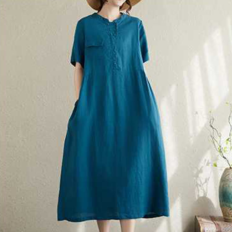 Buddha Stones Summer Plain Stand Collar Buttons Design Linen Midi Dress With Pockets - image 18