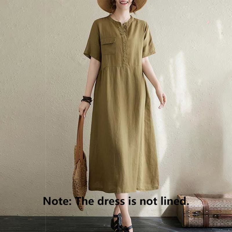 Buddha Stones Summer Plain Stand Collar Buttons Design Linen Midi Dress With Pockets - image 8