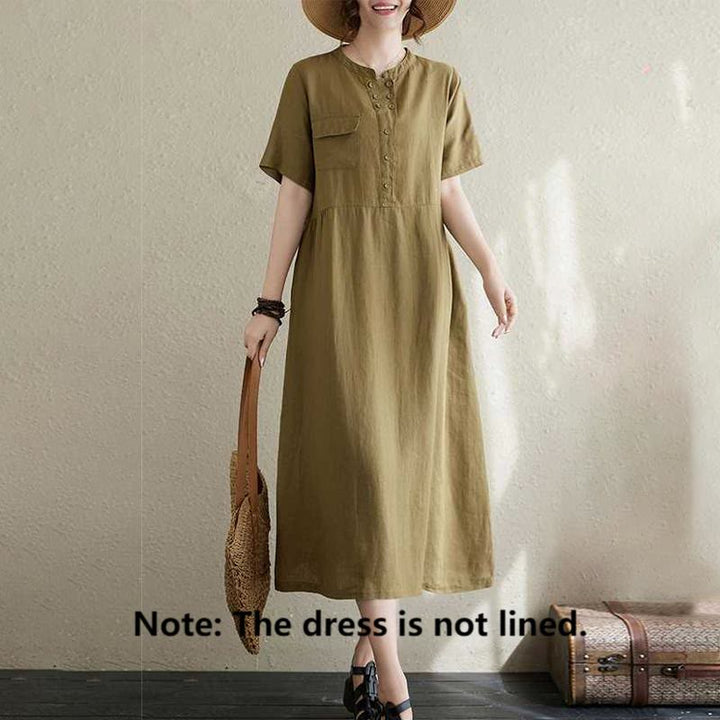 Buddha Stones Summer Plain Stand Collar Buttons Design Linen Midi Dress With Pockets - image 8