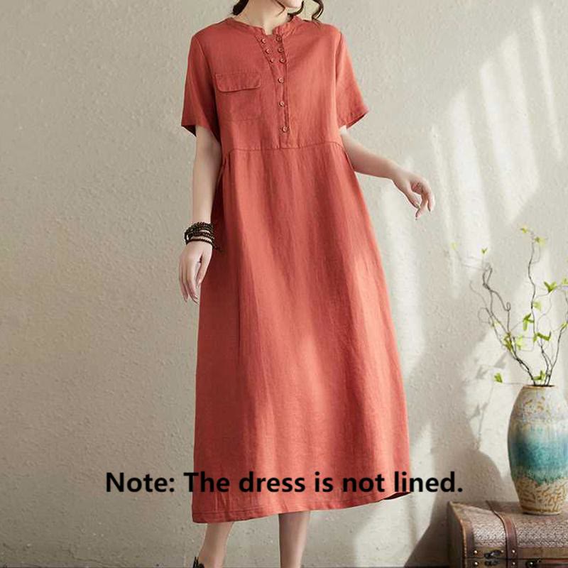 Buddha Stones Summer Plain Stand Collar Buttons Design Linen Midi Dress With Pockets - image 12