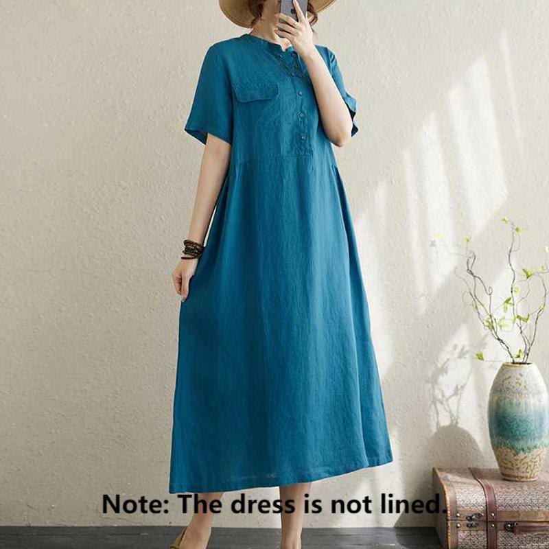Buddha Stones Summer Plain Stand Collar Buttons Design Linen Midi Dress With Pockets - image 17