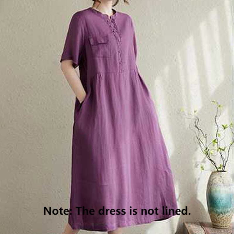 Buddha Stones Summer Plain Stand Collar Buttons Design Linen Midi Dress With Pockets - image 2
