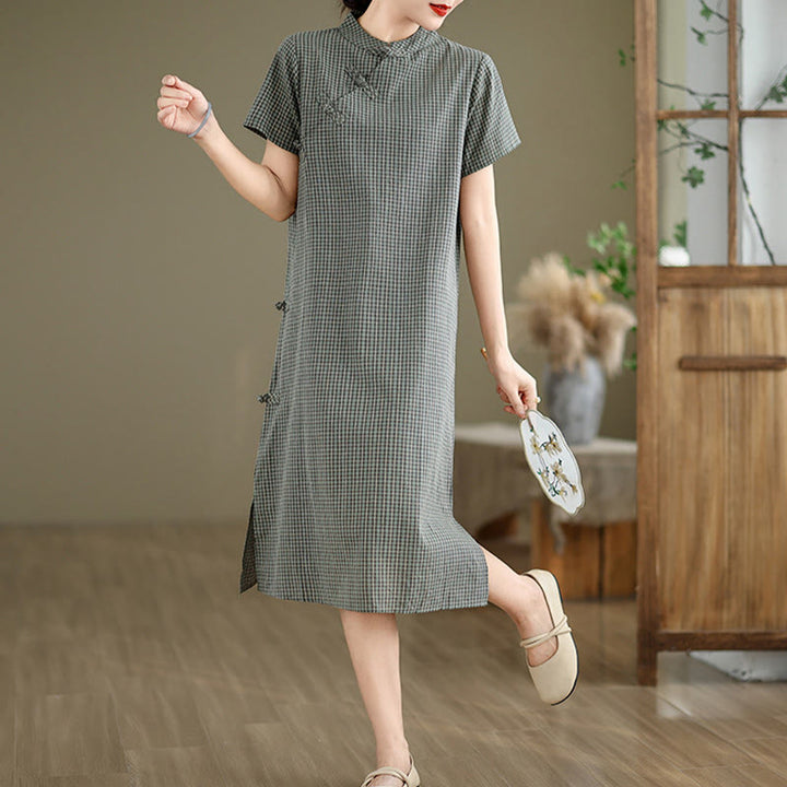 Buddha Stones Plaid Short Sleeve Frog-Button Design Cotton Linen Improved Cheongsam Midi Dress - image 13